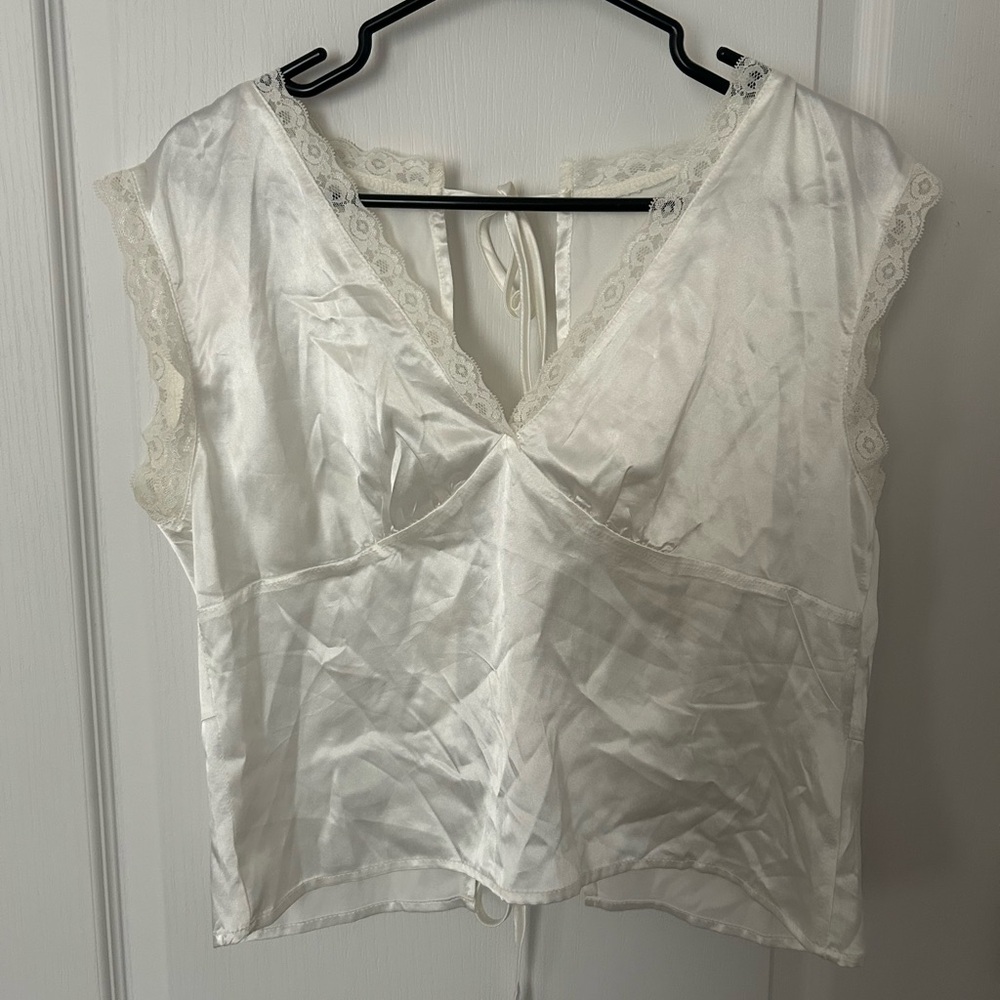 Elegant White Lace Trimmed Satin Open-Back Top